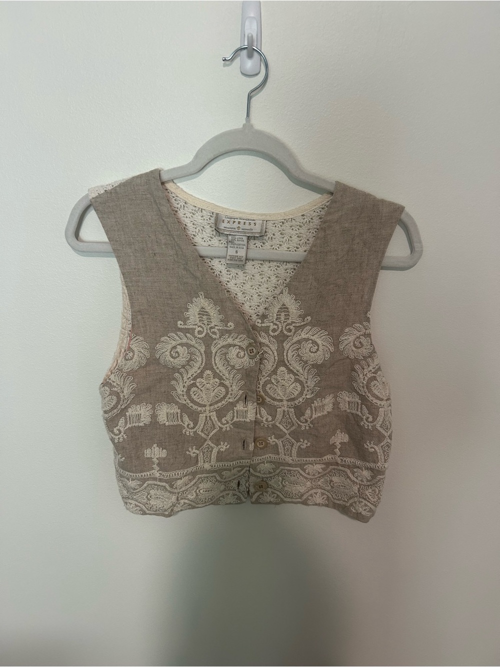 Vintage Express Linen Blend Embroidered Boho Vest Small